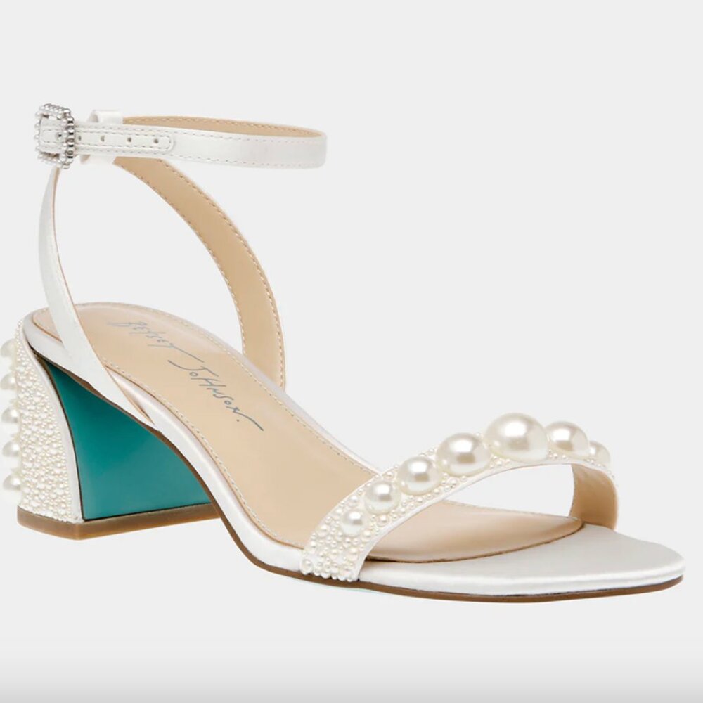 Betsey Johnson White Pearl Strap Ankle Sandals with Teal Block Heel